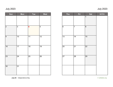 July 2023 Calendar on two pages