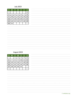 July and August 2023 Calendar with Notes