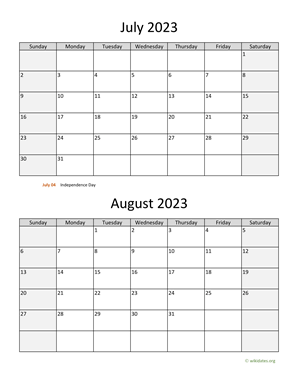 July and August 2023 Calendar Vertical