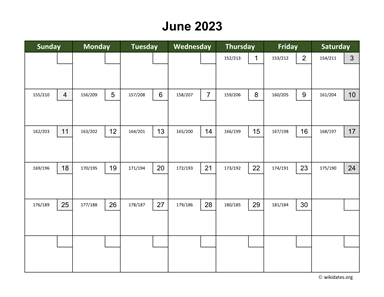 June 2023 Calendar with Day Numbers