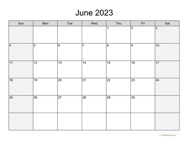 June 2023 Calendar with Weekend Shaded