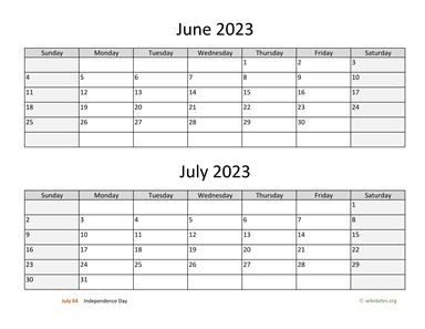 June and July 2023 Calendar Horizontal
