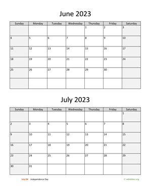 June and July 2023 Calendar Vertical