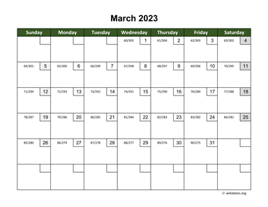 March 2023 Calendar with Day Numbers