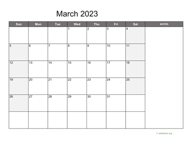 March 2023 Calendar with Notes