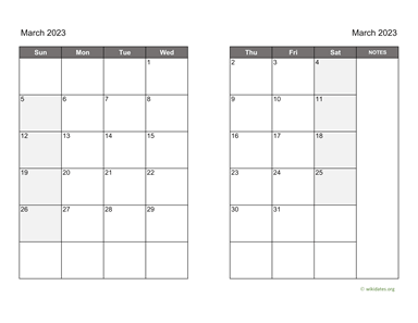 March 2023 Calendar on two pages