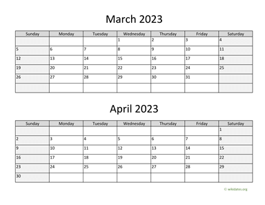March and April 2023 Calendar Horizontal