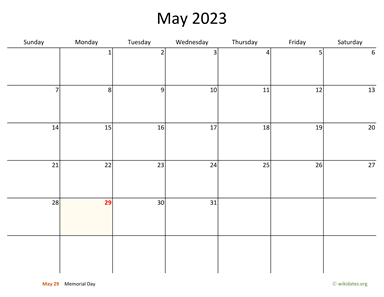 May 2023 Calendar with Bigger boxes