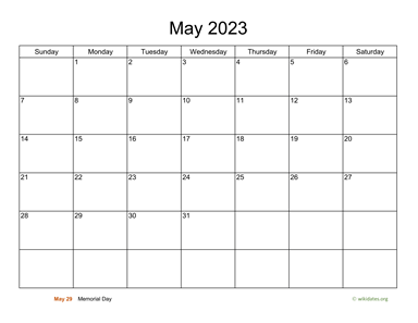 Basic Calendar for May 2023