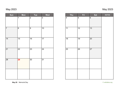 May 2023 Calendar on two pages