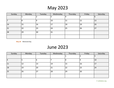 May and June 2023 Calendar Horizontal