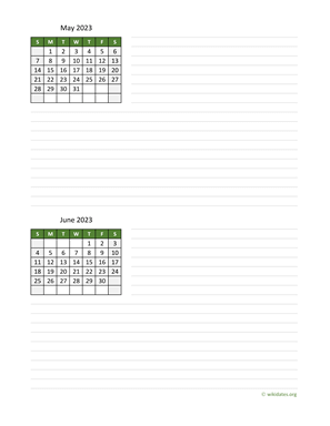 May and June 2023 Calendar with Notes