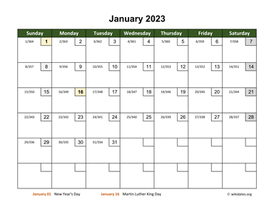 Monthly 2023 Calendar with Day Numbers
