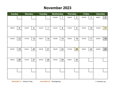 November 2023 Calendar with Day Numbers