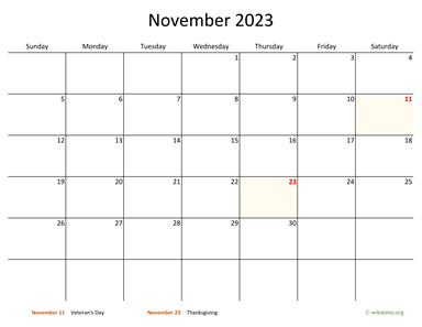 November 2023 Calendar with Bigger boxes