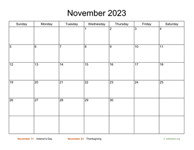 Basic Calendar for November 2023