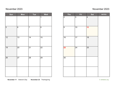 November 2023 Calendar on two pages