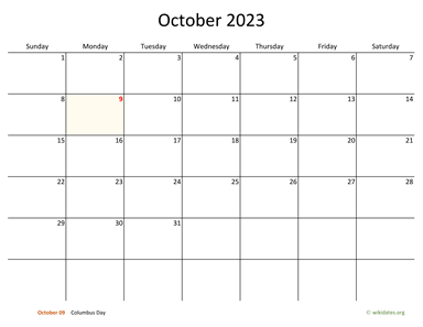October 2023 Calendar with Bigger boxes