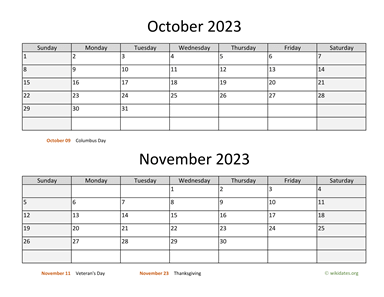 October and November 2023 Calendar Horizontal