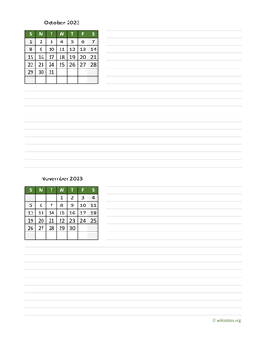 October and November 2023 Calendar with Notes