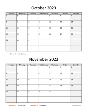 October and November 2023 Calendar Vertical