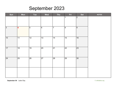 September 2023 Calendar with Notes