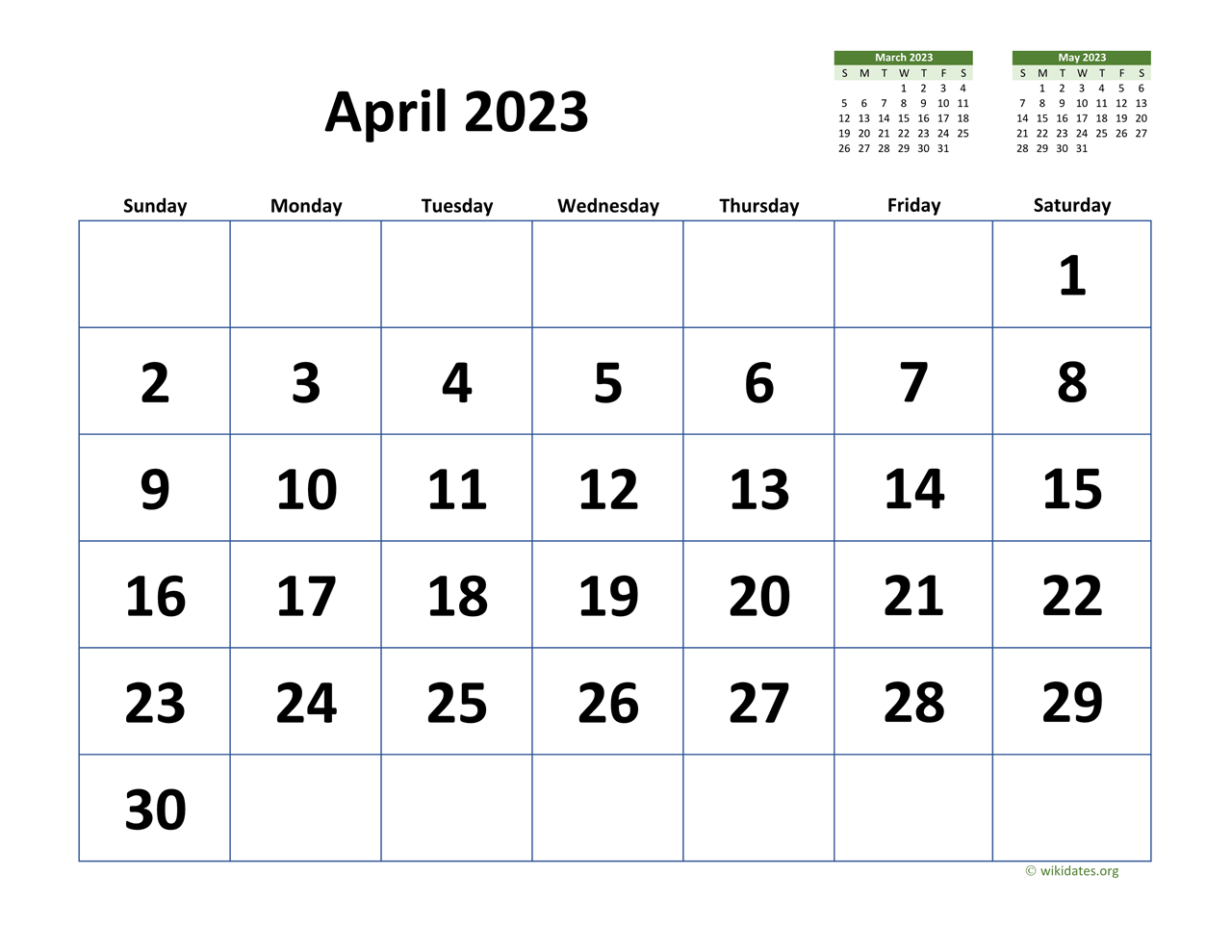 April 2023 Calendar With Extra Large Dates