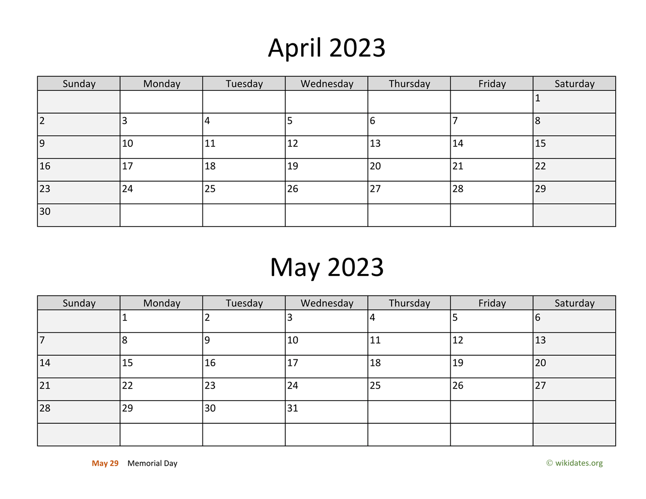 April And May 2023 Calendar | Wikidates.org