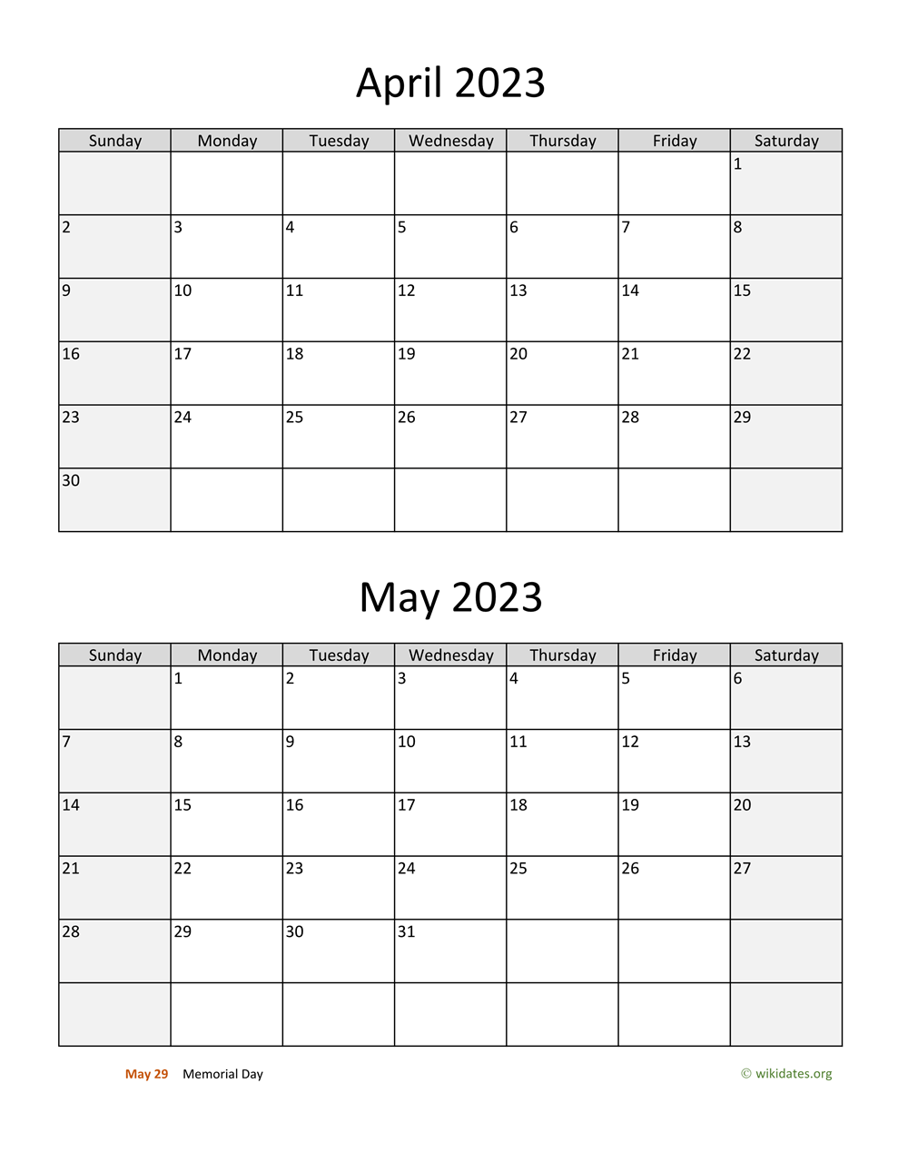 April and May 2023 Calendar | WikiDates.org