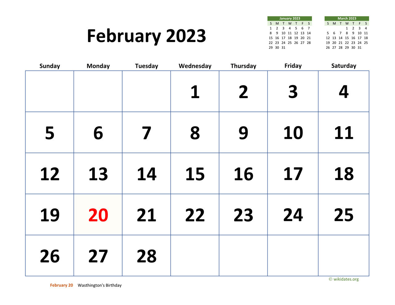 February 2023 Calendar With Extra Large Dates