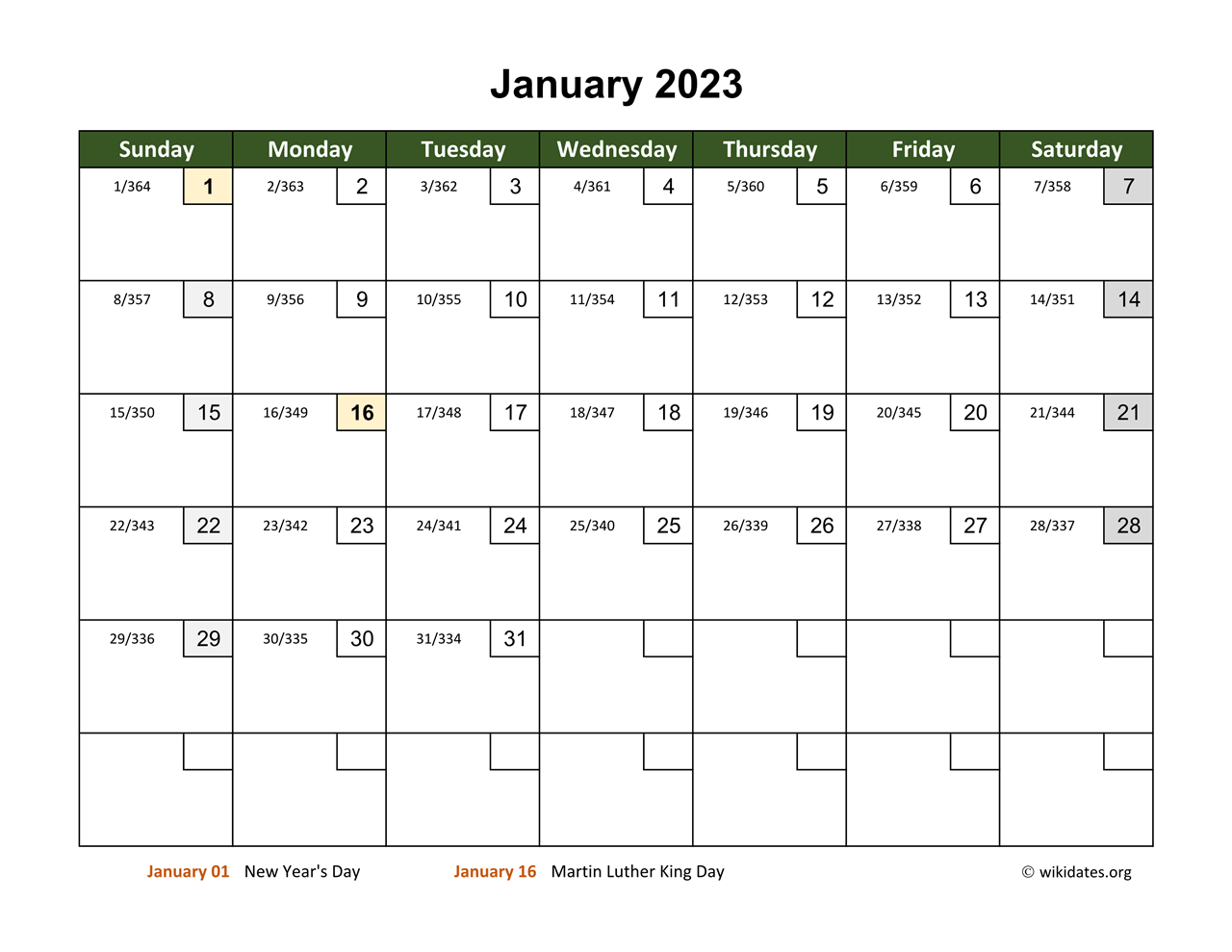 January 2023 Calendar With Day Numbers