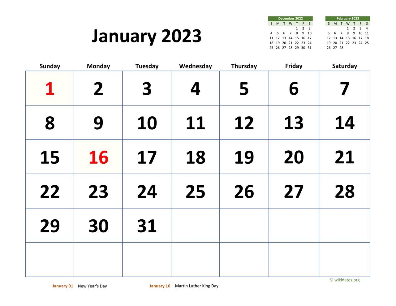 December 2022 January 2023 Calendar Printable January 2023 Calendar With Extra-Large Dates | Wikidates.org