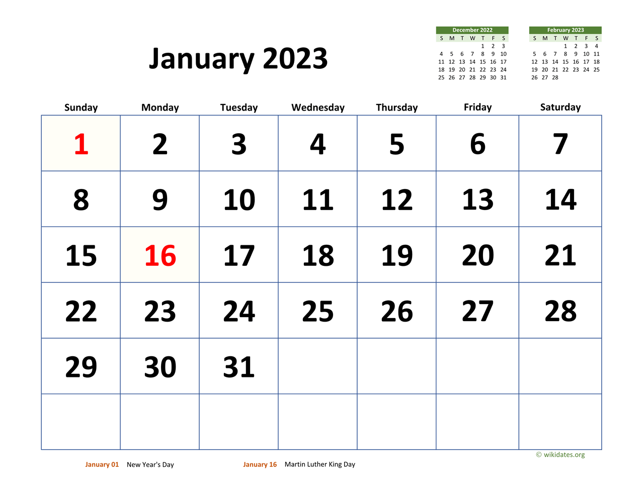 January 2023 Calendar with Extra-large Dates | WikiDates.org