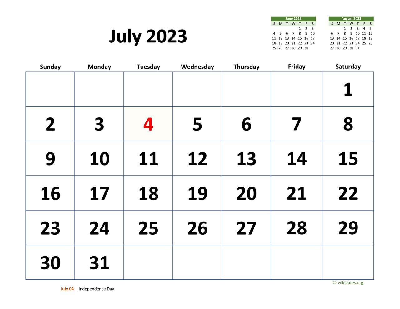 July 2023 Calendar With Extra Large Dates