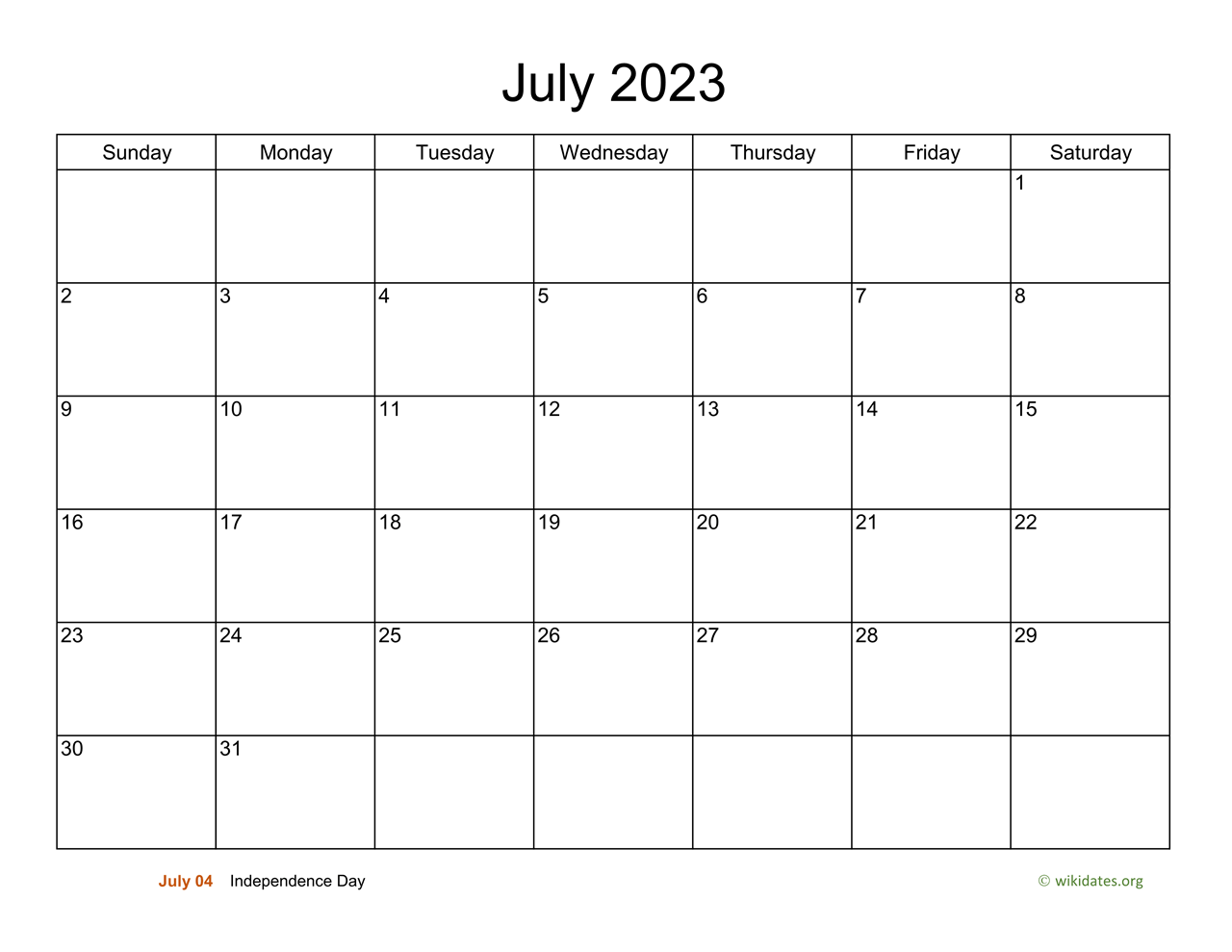 Basic Calendar For July 2023 WikiDates