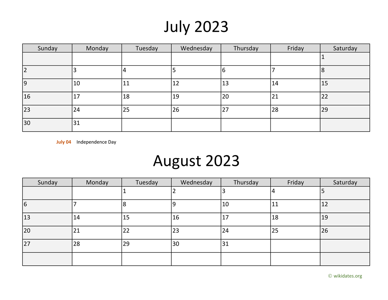 July and August 2023 Calendar | WikiDates.org