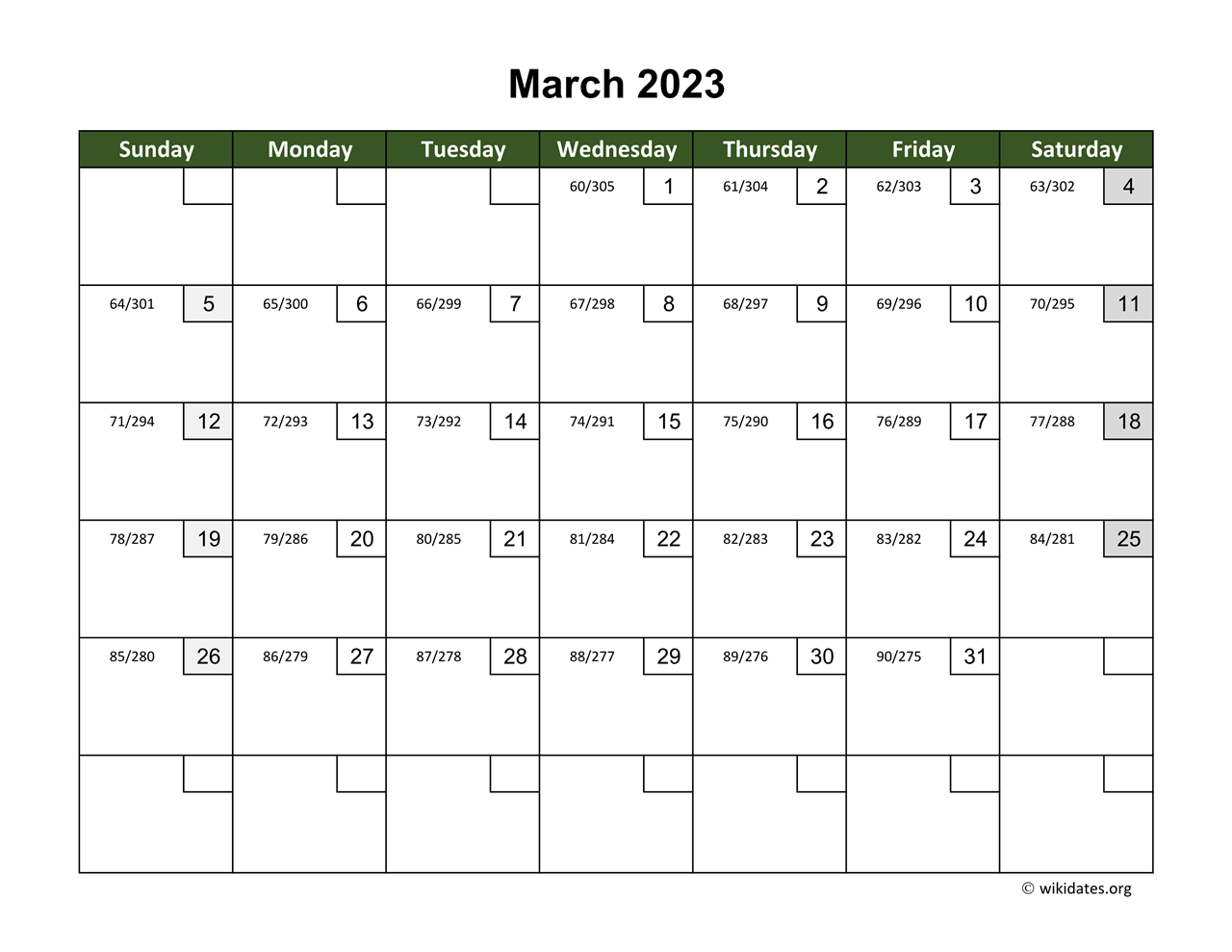 March 2023 Calendar with Day Numbers | WikiDates.org