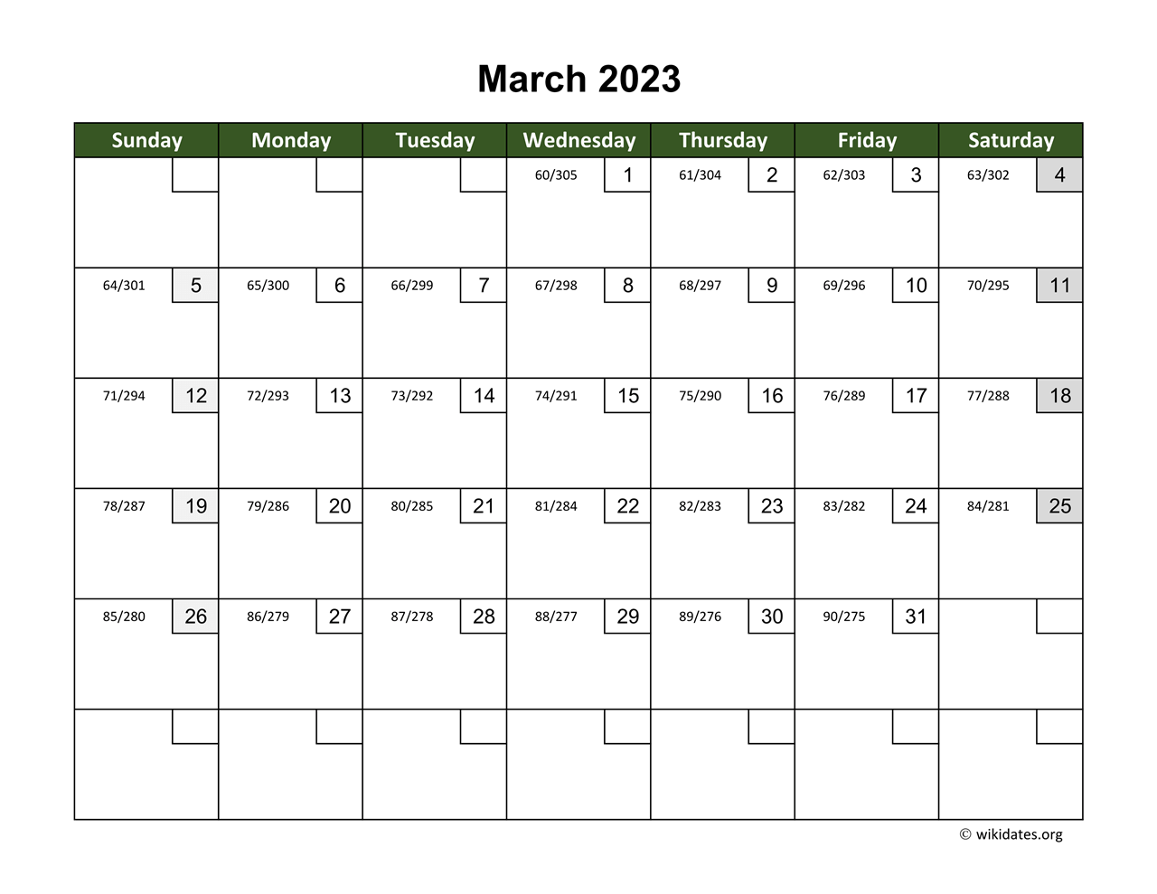 March 2023 Calendar With Day Numbers