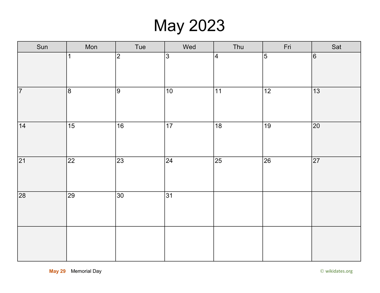 May 2023 Calendar with Weekend Shaded