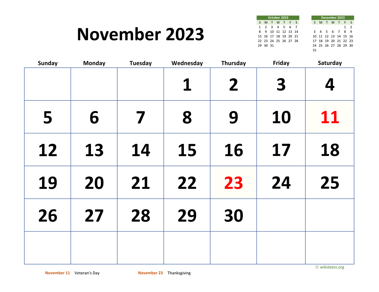 November 2023 Calendar with Extra-large Dates | WikiDates.org
