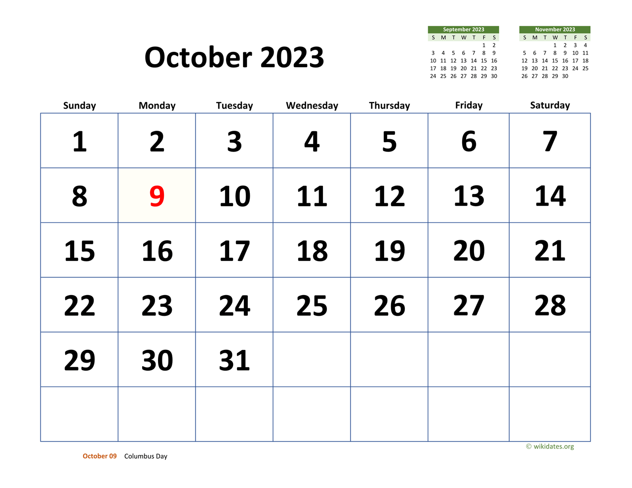 October 2023 Calendar With Extra large Dates WikiDates