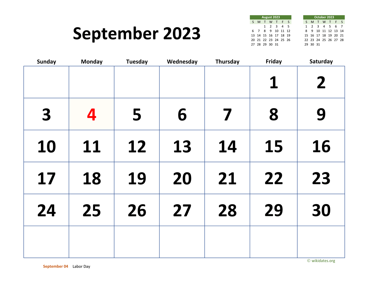 September 2023 Calendar with Extralarge Dates