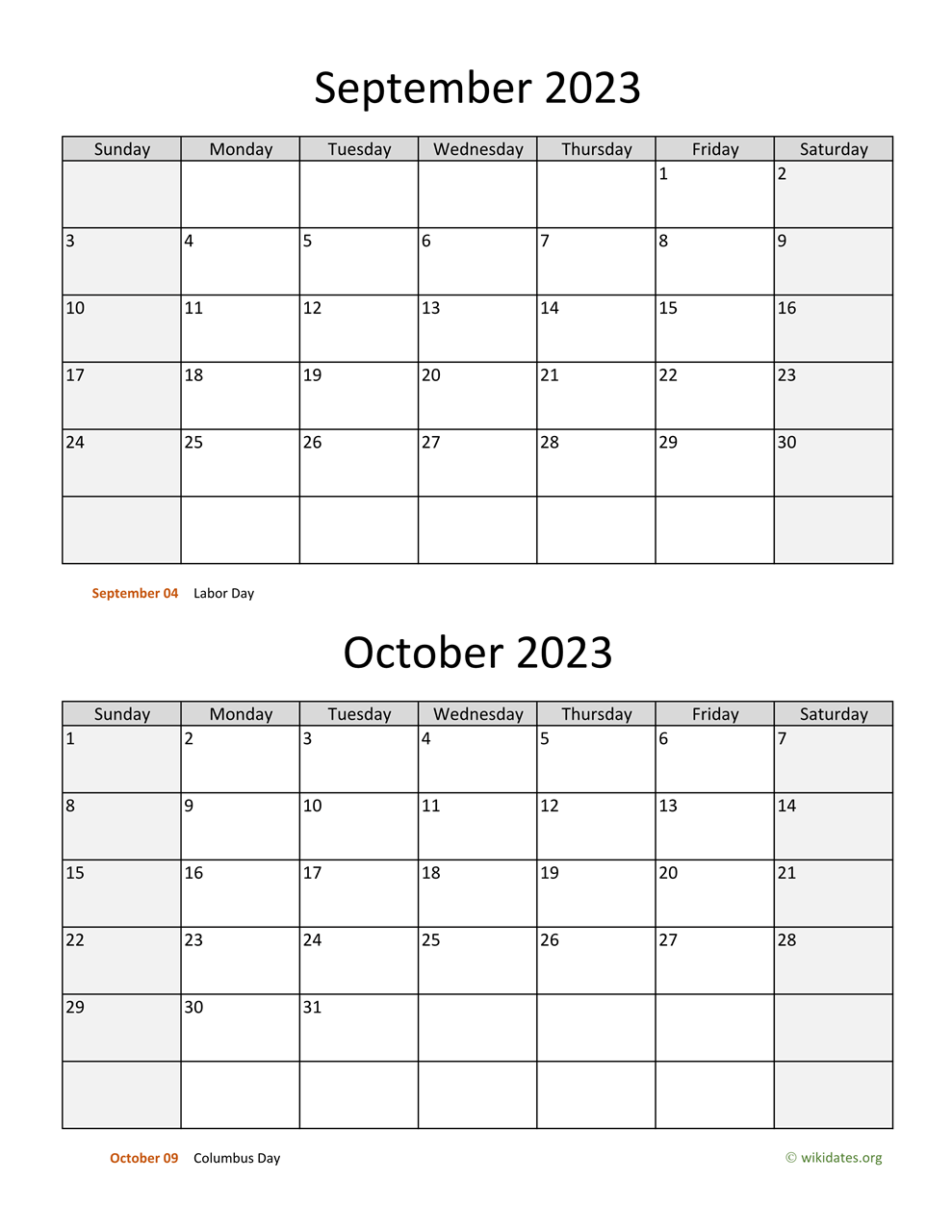 September And October 2023 Calendar