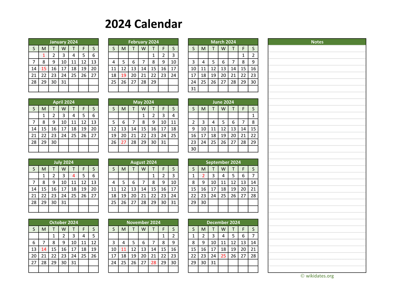Yearly Printable 2024 Calendar with Notes | WikiDates.org