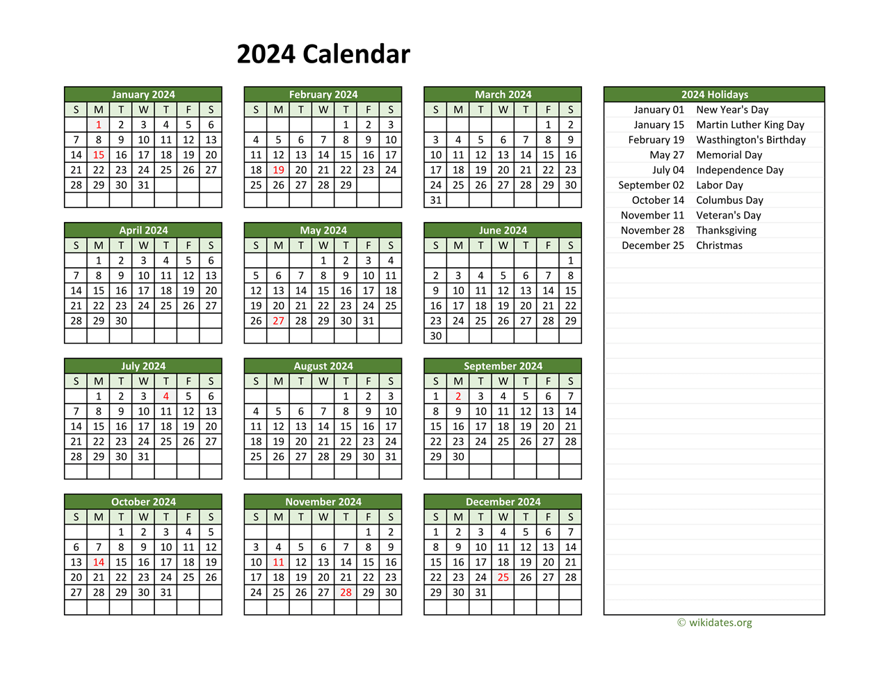 Printable 2024 Calendar with Federal Holidays | WikiDates.org