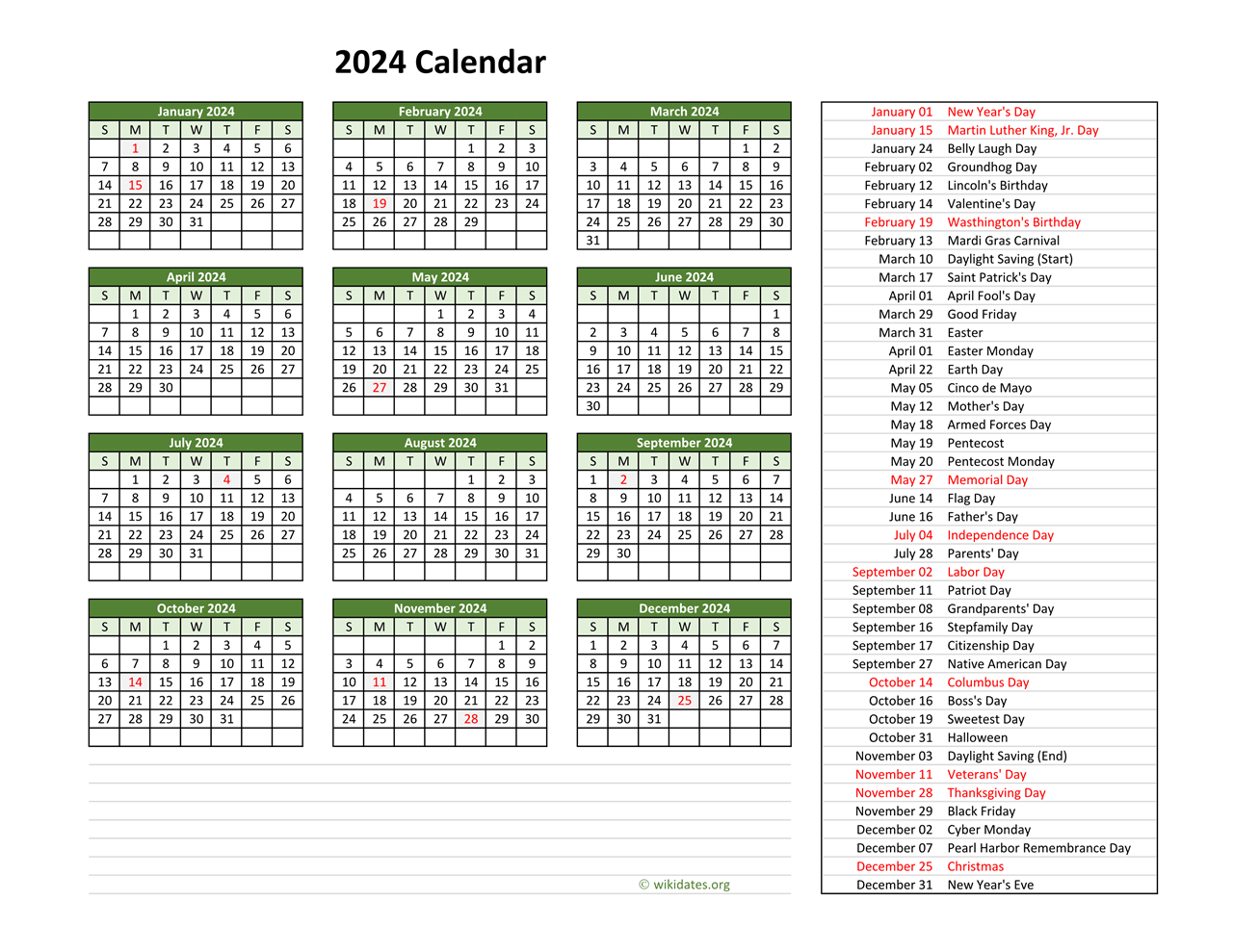 2024 Calendar with US Holidays | WikiDates.org