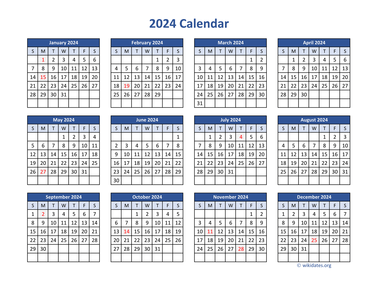 Year 2024 Calendar Printable with Holidays - Wiki Calendar