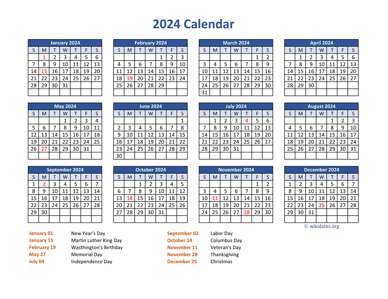 PDF Calendar 2024 with Federal Holidays | WikiDates.org