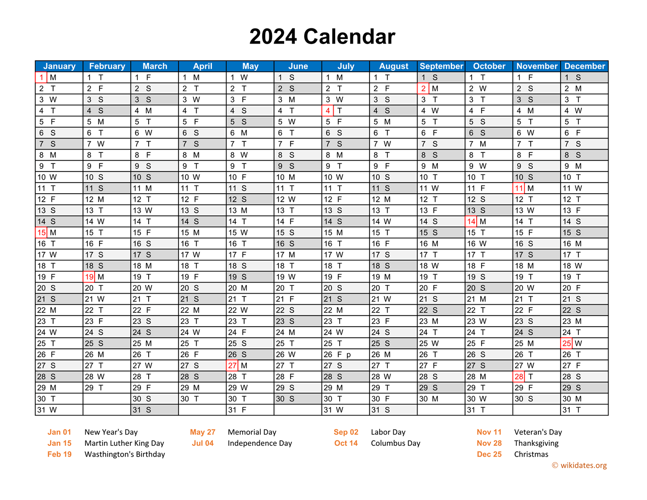 2024 Calendar Horizontal, One Page | WikiDates.org