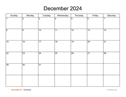 Basic Calendar for December 2024